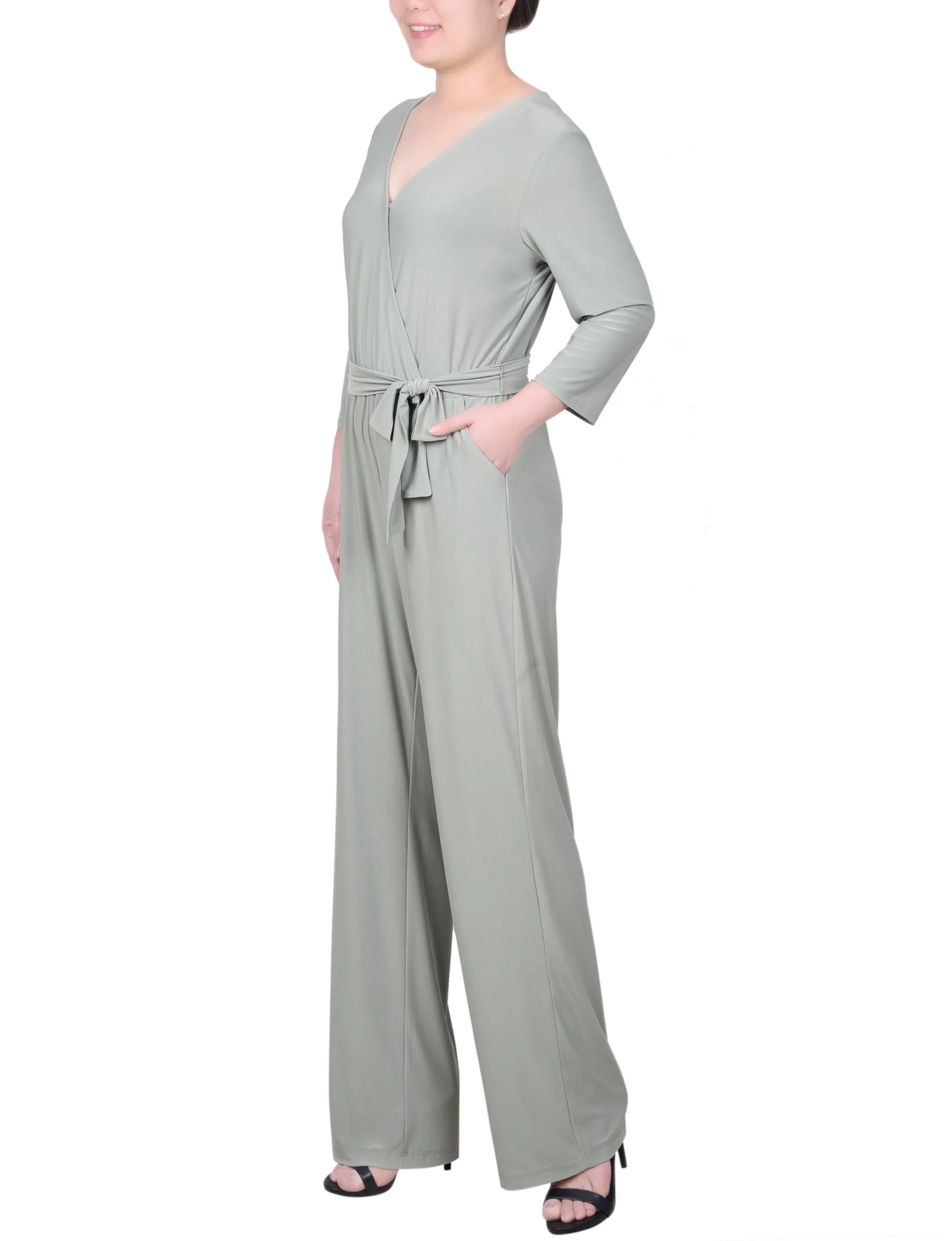 Petite 3/4 Sleeve Belted Jumpsuit