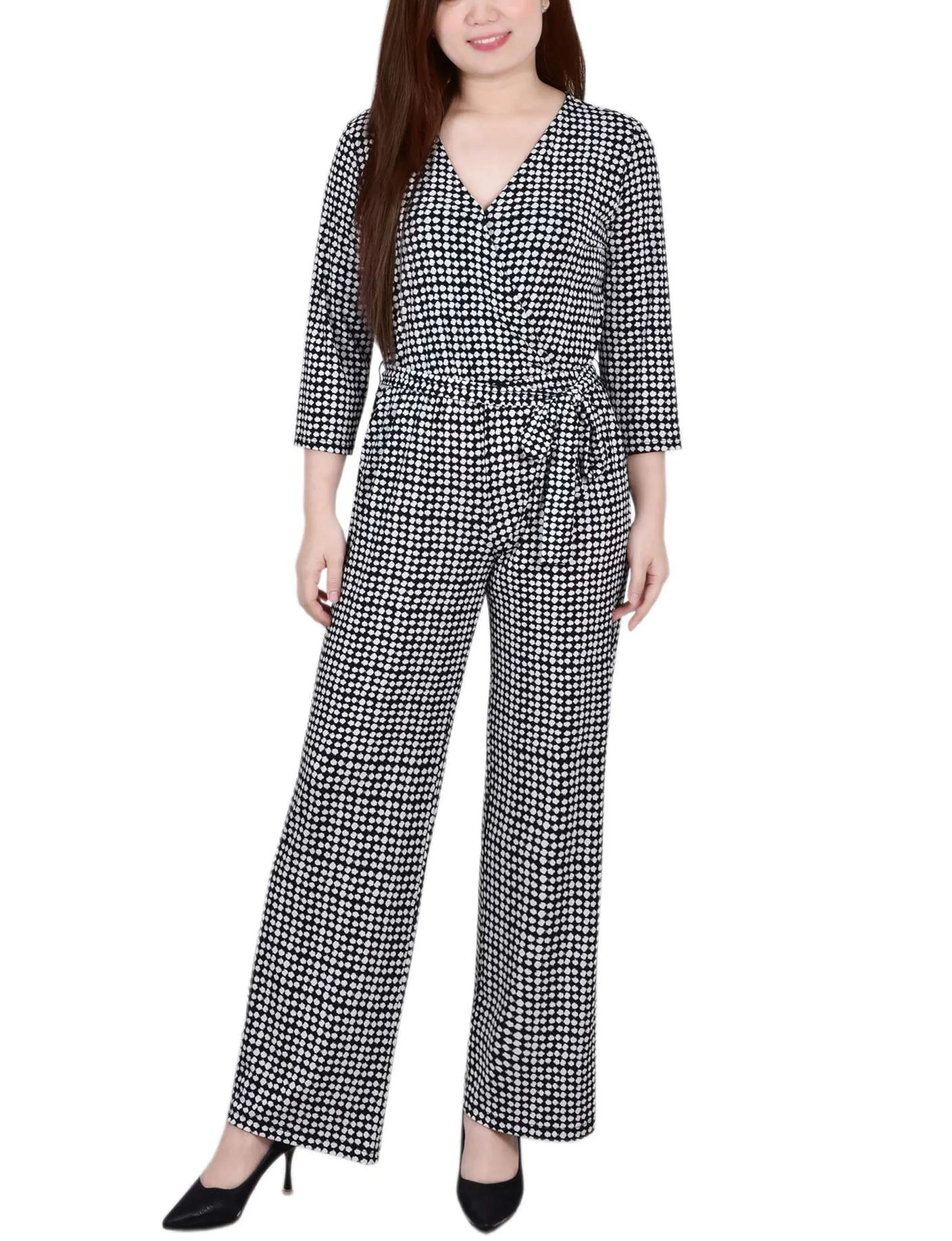 Petite 3/4 Sleeve Belted Jumpsuit