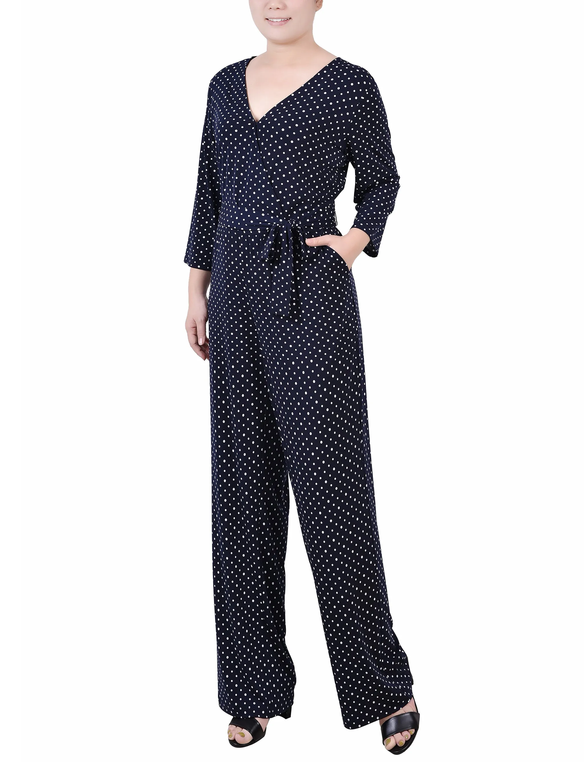 Petite 3/4 Sleeve Belted Jumpsuit