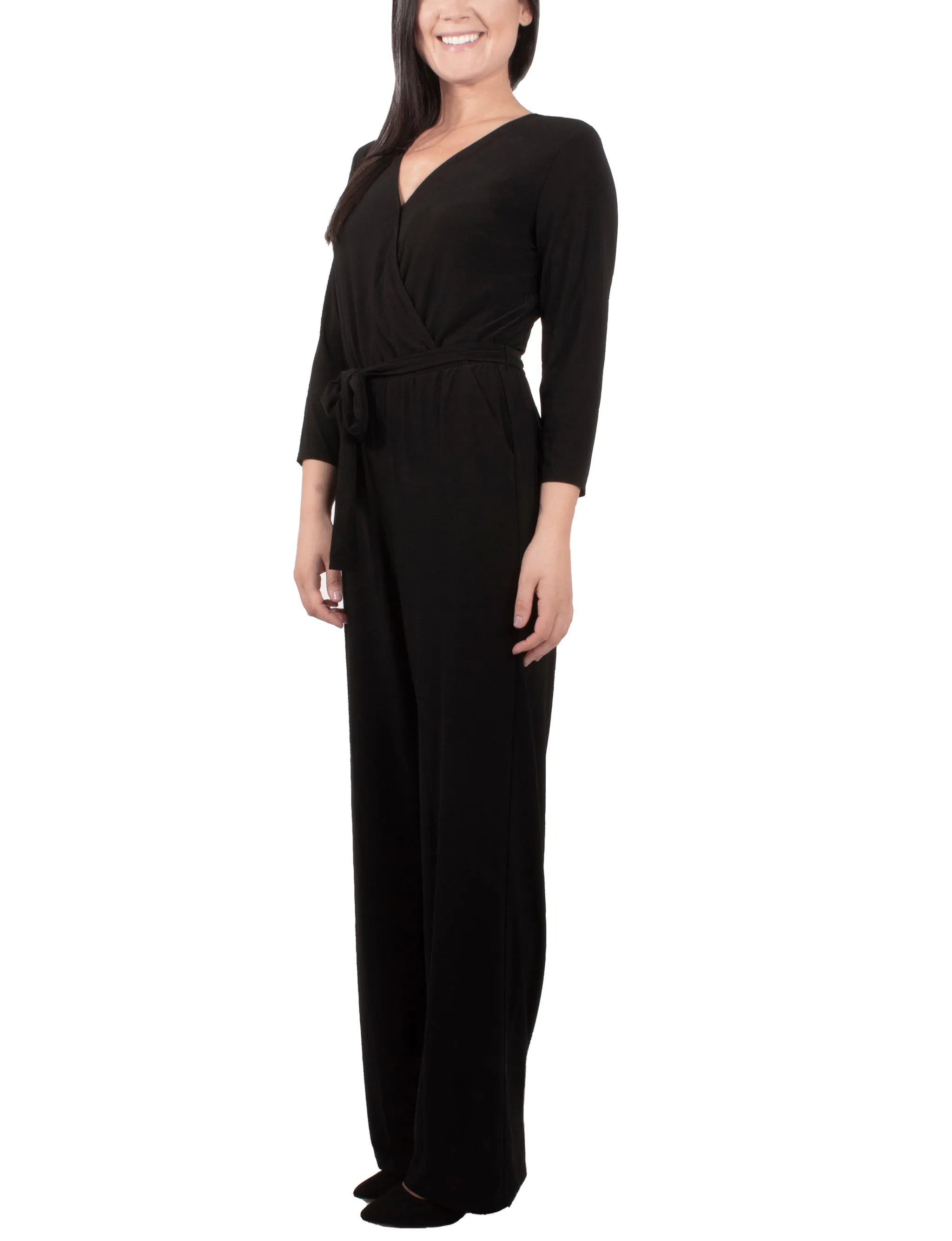 Petite 3/4 Sleeve Belted Jumpsuit
