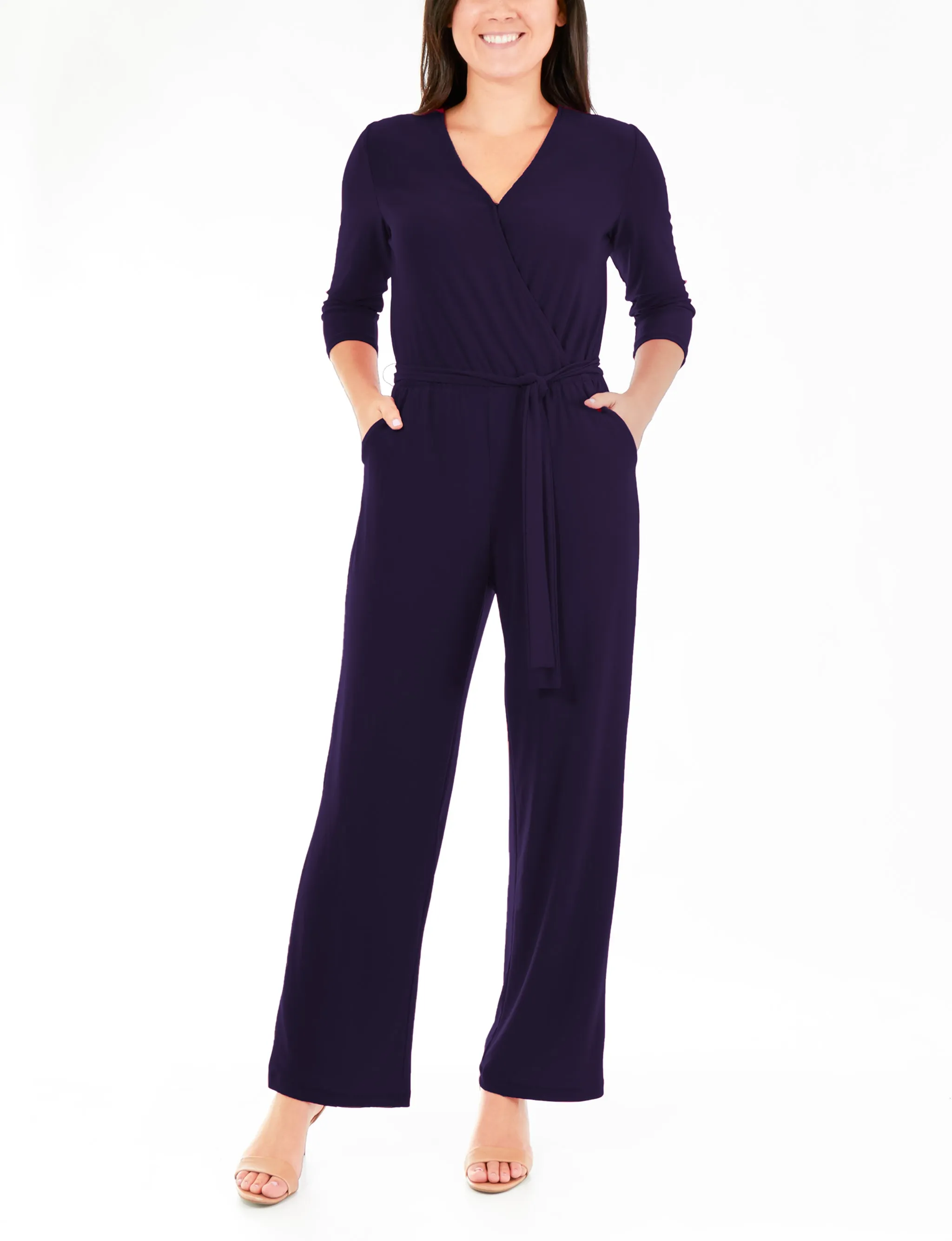 Petite 3/4 Sleeve Belted Jumpsuit