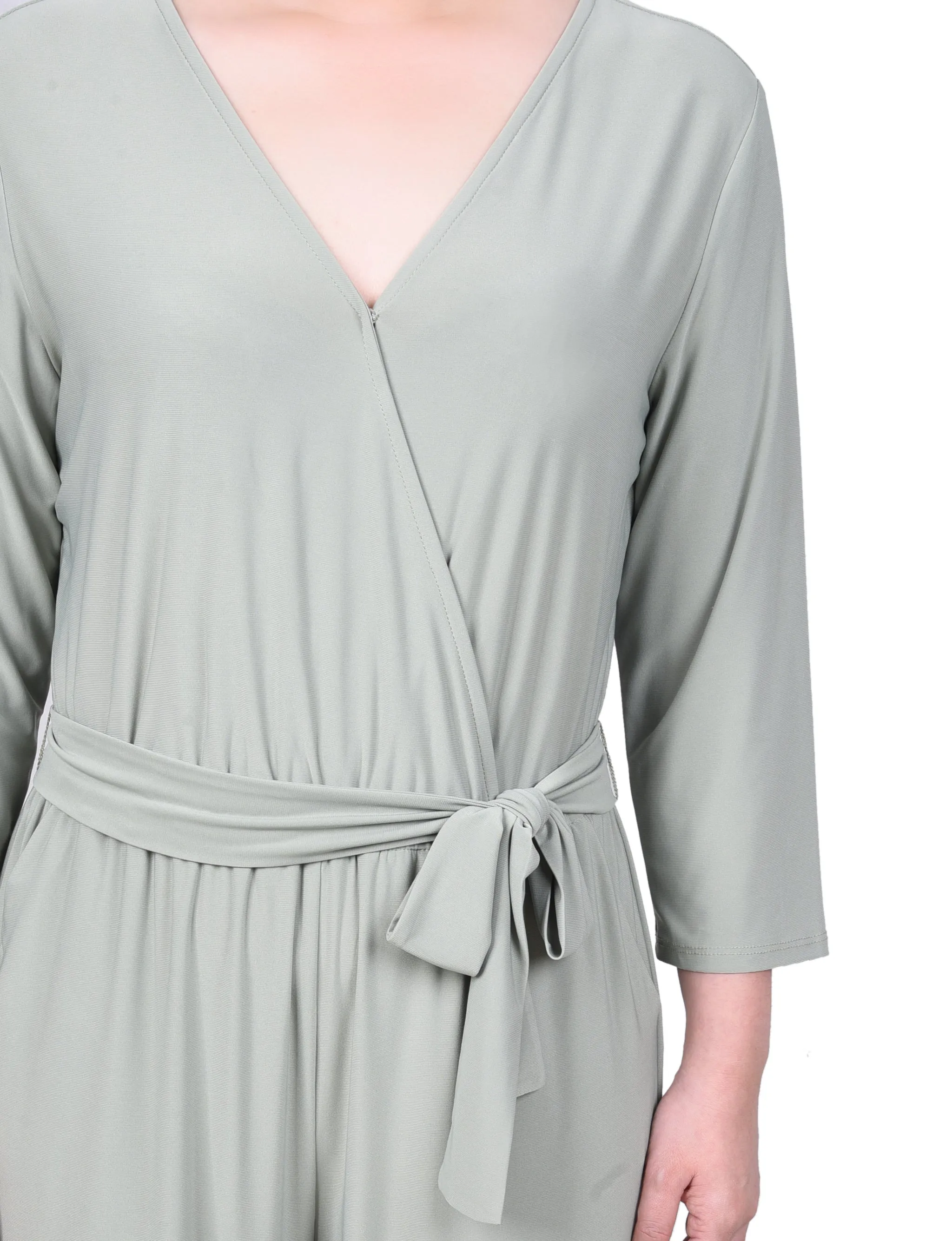 Petite 3/4 Sleeve Belted Jumpsuit