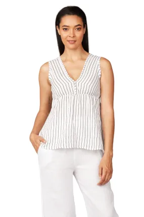 Pistache Sleeveless Linen Pinstripe Top- White with Black