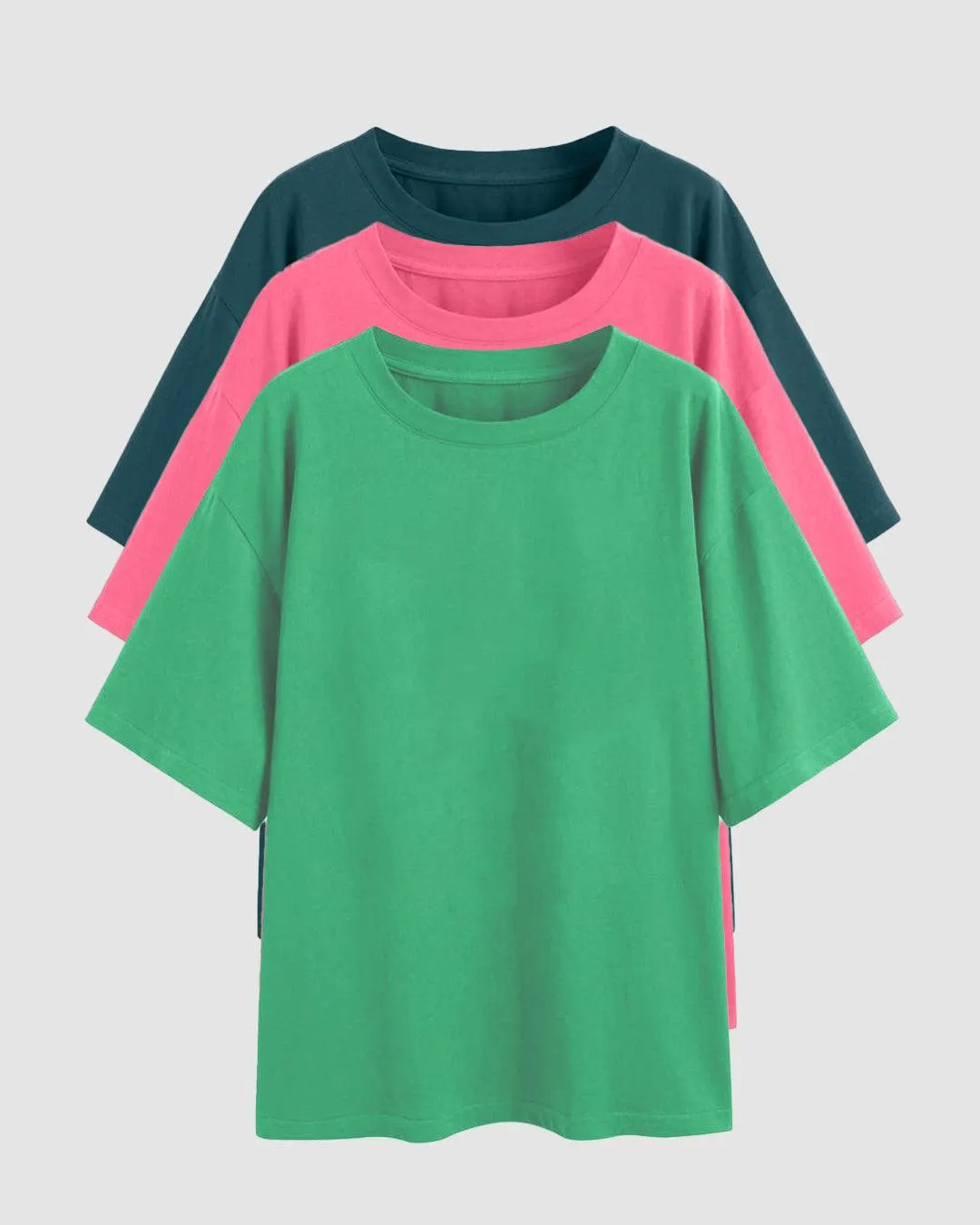 Set Of Three: Loose Fit Crew-Neck Drop Shoulder T-Shirt In Green, Light Pink And Dark Blue