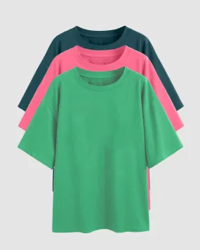 Set Of Three: Loose Fit Crew-Neck Drop Shoulder T-Shirt In Green, Light Pink And Dark Blue