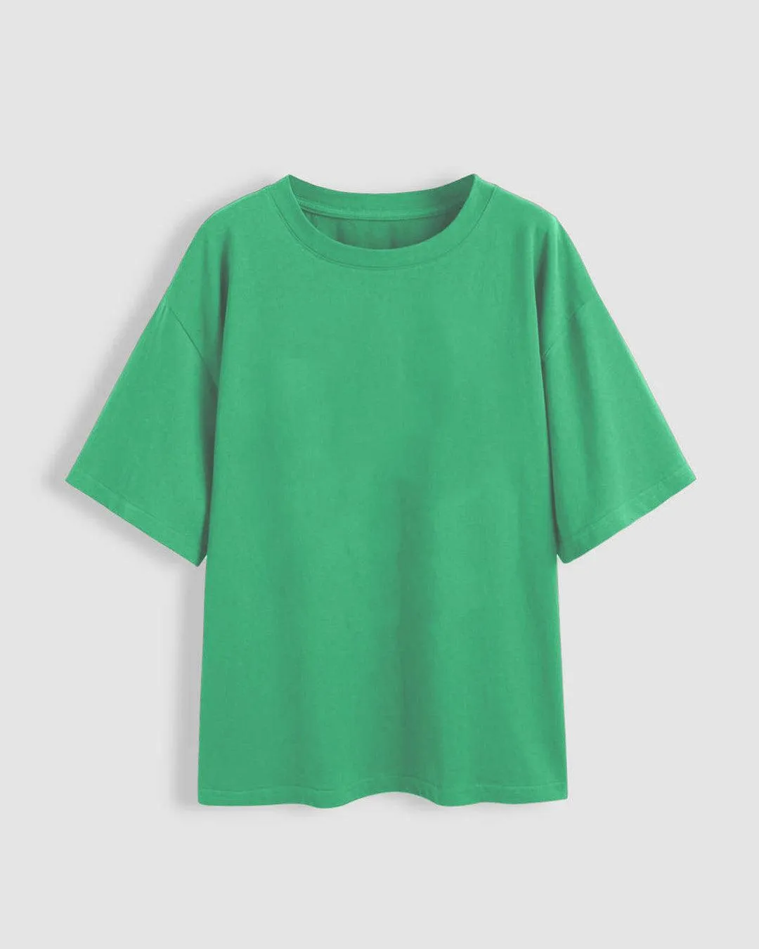 Set Of Three: Loose Fit Crew-Neck Drop Shoulder T-Shirt In Green, Light Pink And Dark Blue