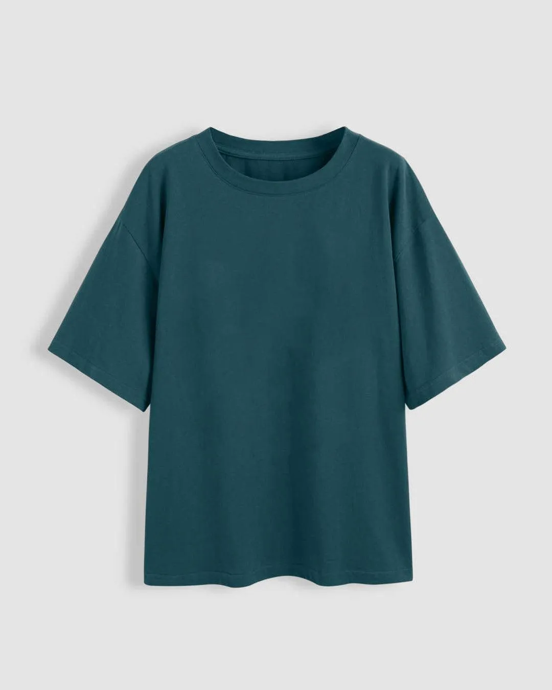 Set Of Three: Loose Fit Crew-Neck Drop Shoulder T-Shirt In Green, Light Pink And Dark Blue
