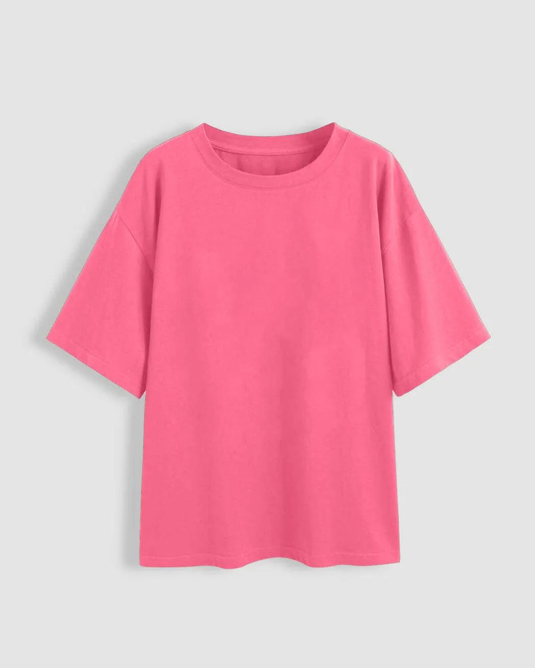 Set Of Three: Loose Fit Crew-Neck Drop Shoulder T-Shirt In Green, Light Pink And Dark Blue
