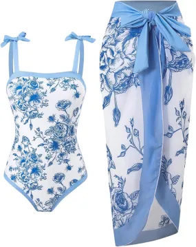 SHENHE Girl's One Piece Swimsuit with Sarong Cover Up Wrap Skirt Floral Tie Shoulder Bathing Suit