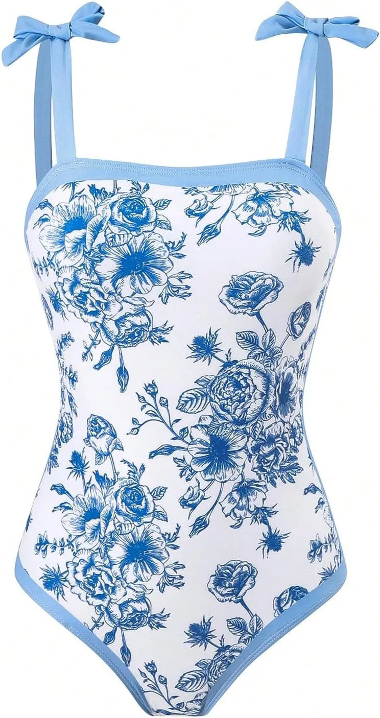 SHENHE Girl's One Piece Swimsuit with Sarong Cover Up Wrap Skirt Floral Tie Shoulder Bathing Suit