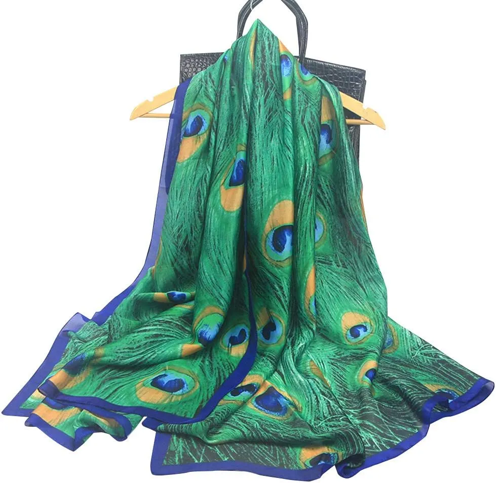 Silk Scarf for Women Fashion Floral Printed Large Lightweight Sunscreen Shawls Wraps Headscarf
