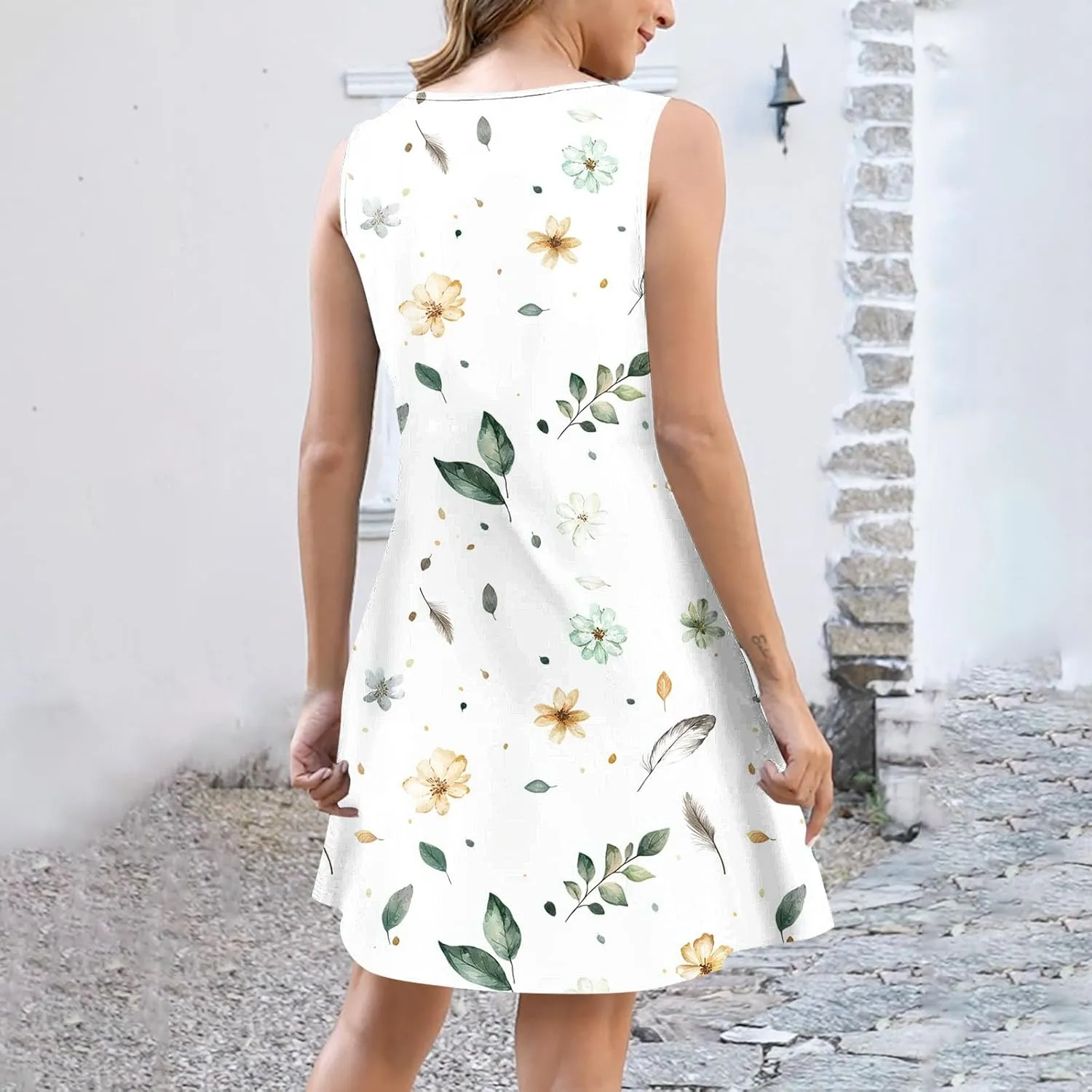 TANGNADE Womens Summer Dresses V Neck Tank Flowy Mini A Line Casual Boho Beach Vacation Sundress Cover up