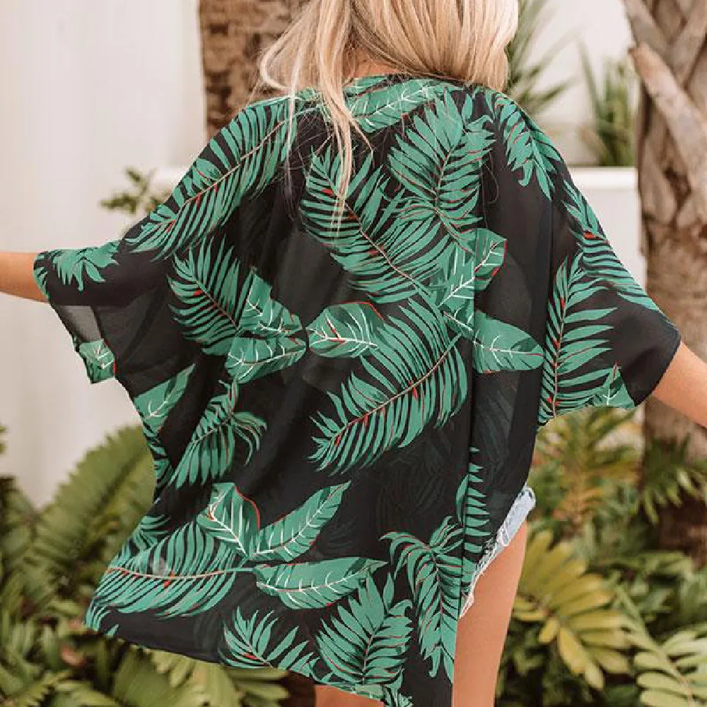 Tropical Print Shawl Cover Up Bikini Beachwear For Women