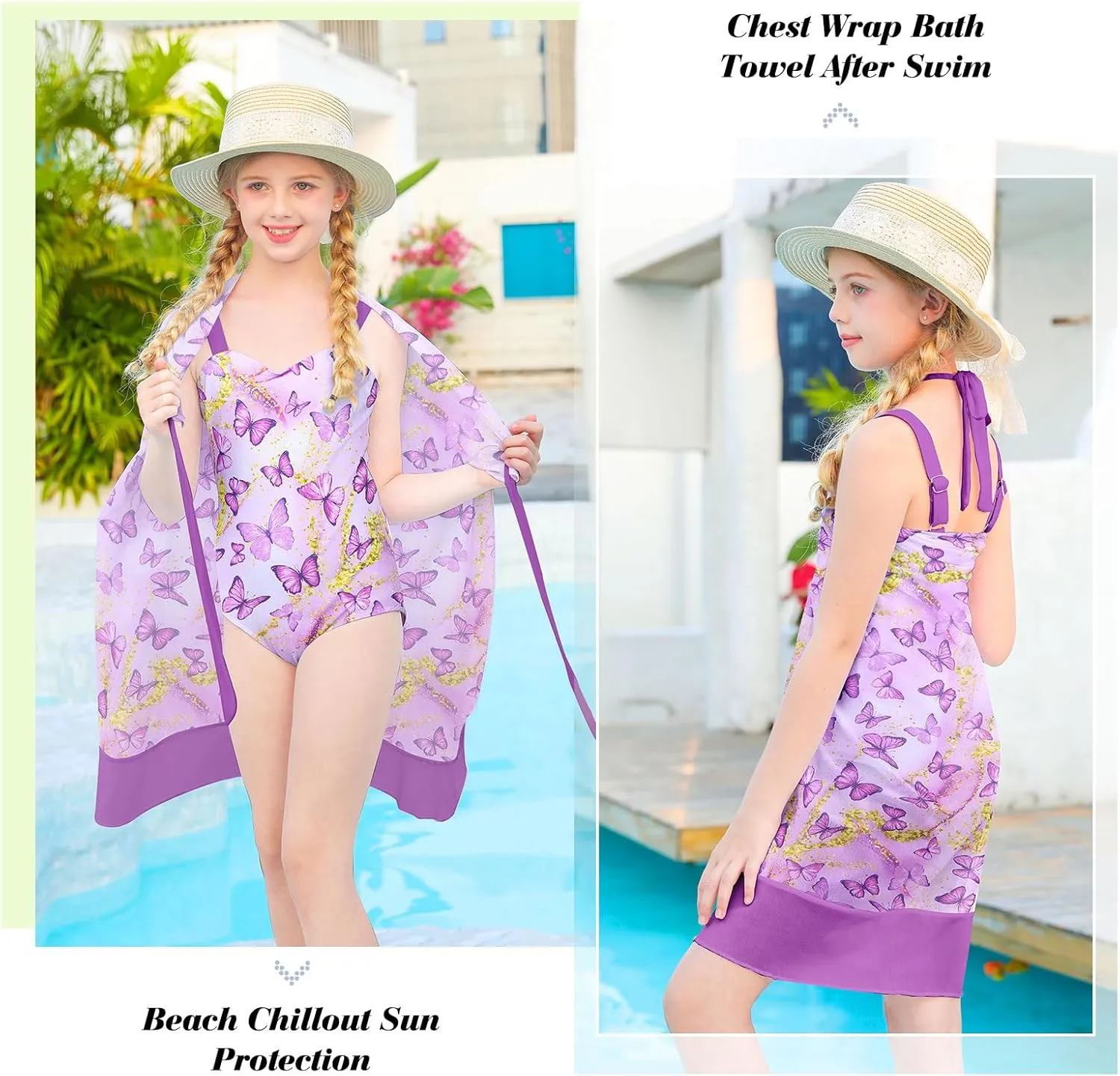 uideazone Girls One Piece Swimsuit with Cover Up Wrap Skirt Set Cool Printed Two Piece Bathing Suit 6-12T