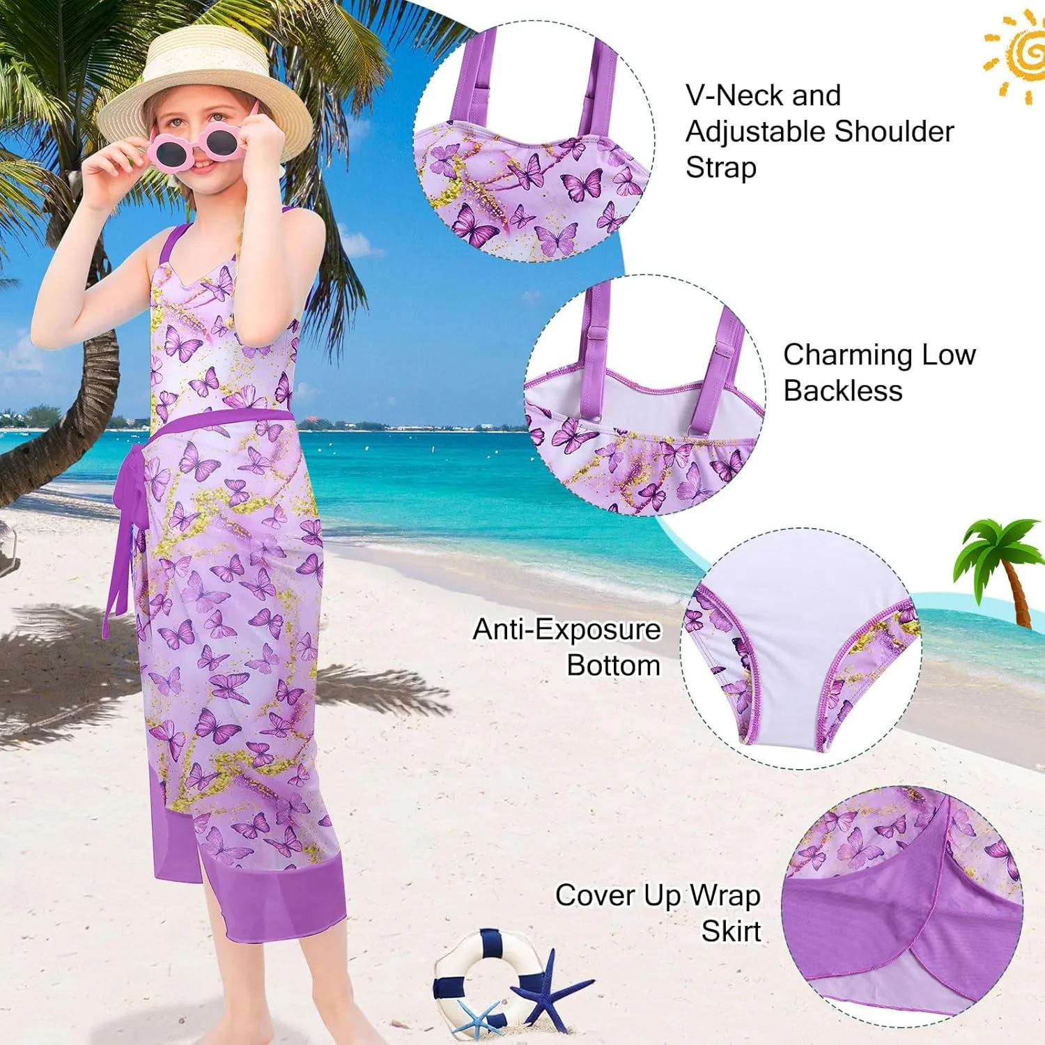 uideazone Girls One Piece Swimsuit with Cover Up Wrap Skirt Set Cool Printed Two Piece Bathing Suit 6-12T