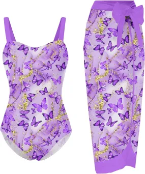 uideazone Girls One Piece Swimsuit with Cover Up Wrap Skirt Set Cool Printed Two Piece Bathing Suit 6-12T