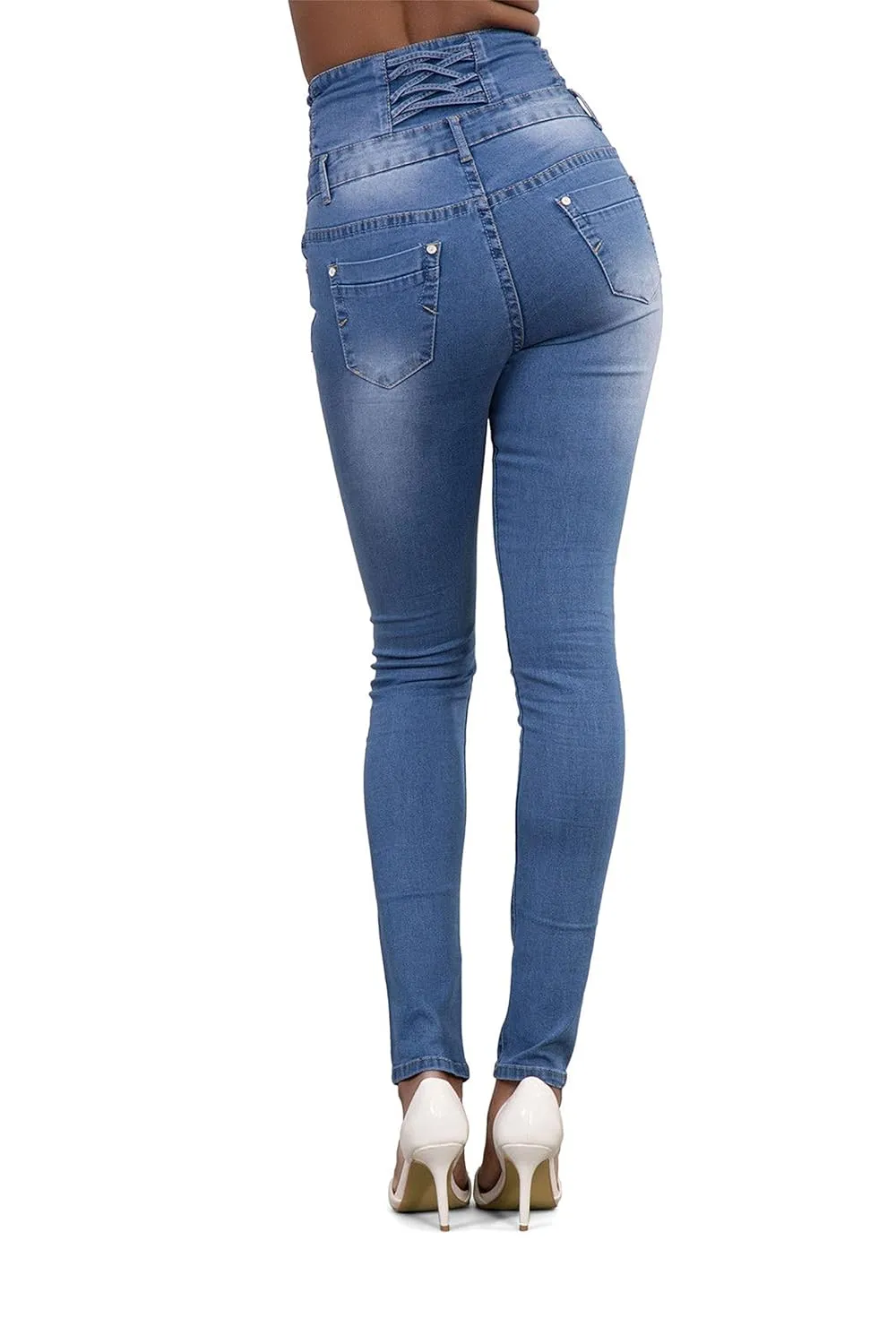 Women Button High Waist Skinny Jeans Colombian Design Butt Lift Denim Pants Stretch High Rise Skinnys Trousers (XX-Large,Light Blue)