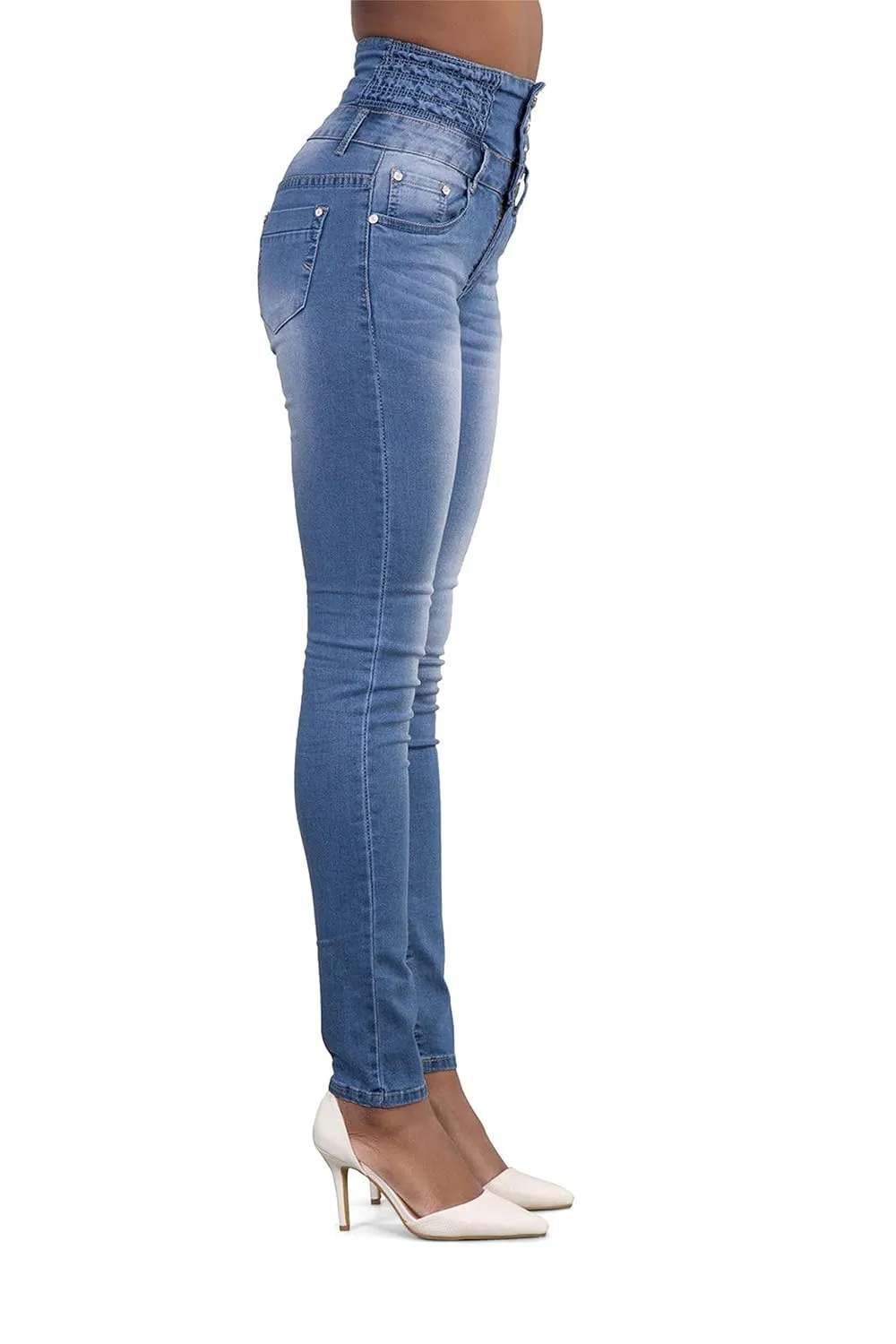 Women Button High Waist Skinny Jeans Colombian Design Butt Lift Denim Pants Stretch High Rise Skinnys Trousers (XX-Large,Light Blue)
