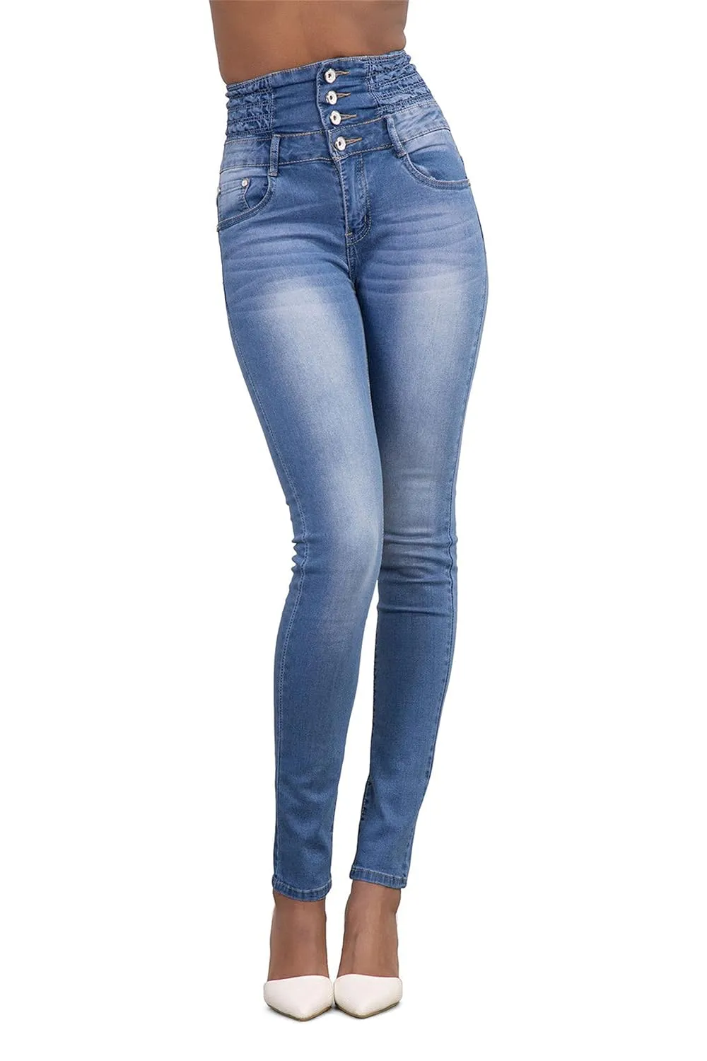 Women Button High Waist Skinny Jeans Colombian Design Butt Lift Denim Pants Stretch High Rise Skinnys Trousers (XX-Large,Light Blue)