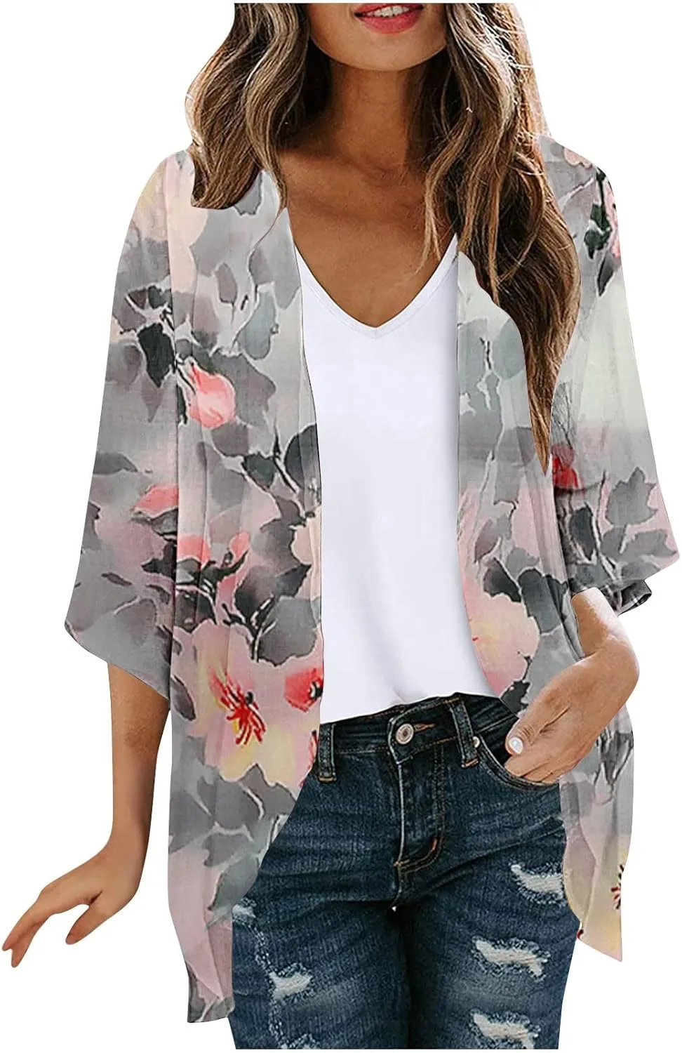 Women's Beach Cover Up Chiffon Kimono Cardigan Flroal Bathing Suit Cover Up Shirt Blouse for Summer Swimwear Coverups