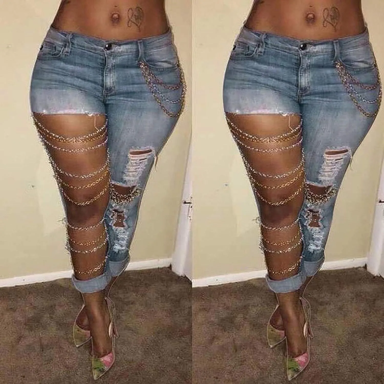 Women's Buttons Fly Distressed Jeans Breasted Skinny Flared Ripped Denim Pants with Pockets Slimming Patch Work Jeans (XX-Large,Light Blue)