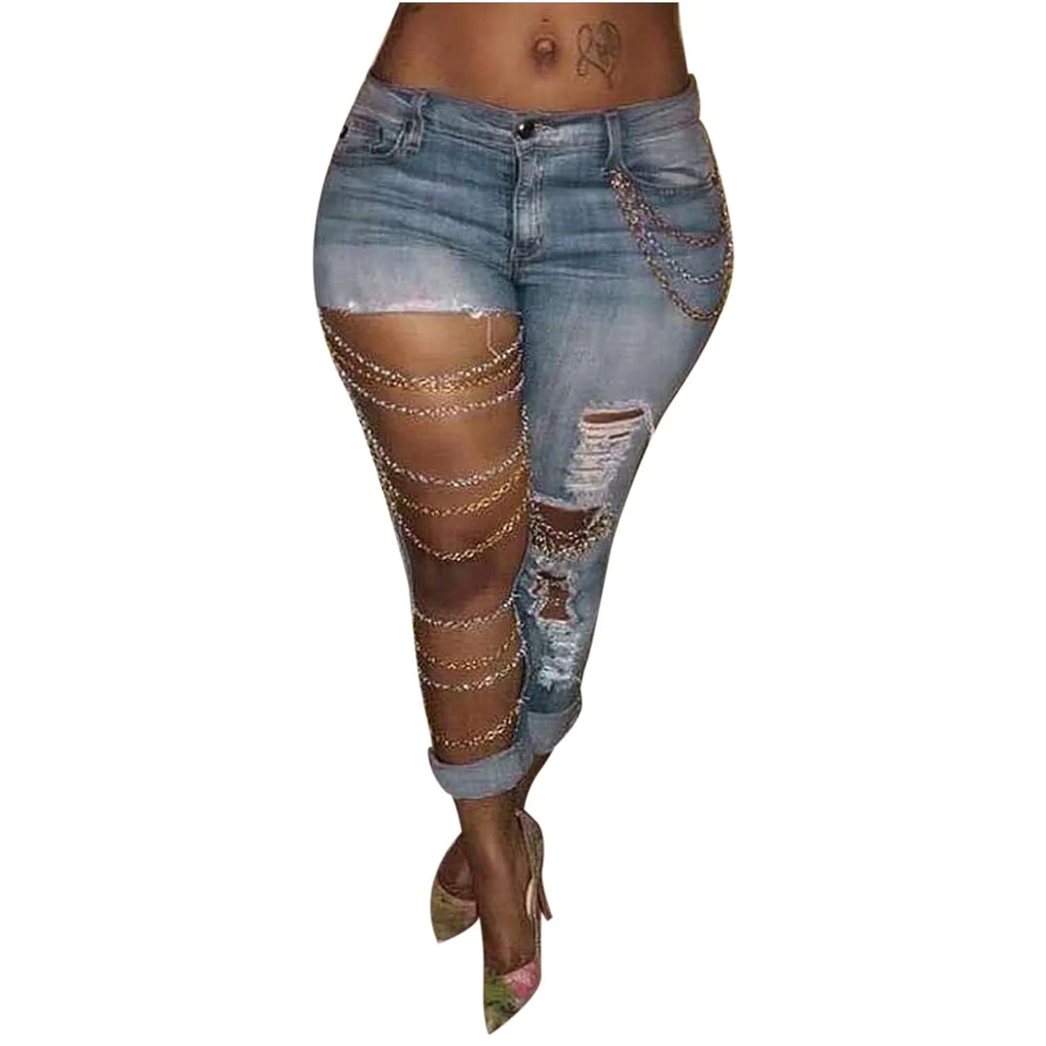 Women's Buttons Fly Distressed Jeans Breasted Skinny Flared Ripped Denim Pants with Pockets Slimming Patch Work Jeans (XX-Large,Light Blue)