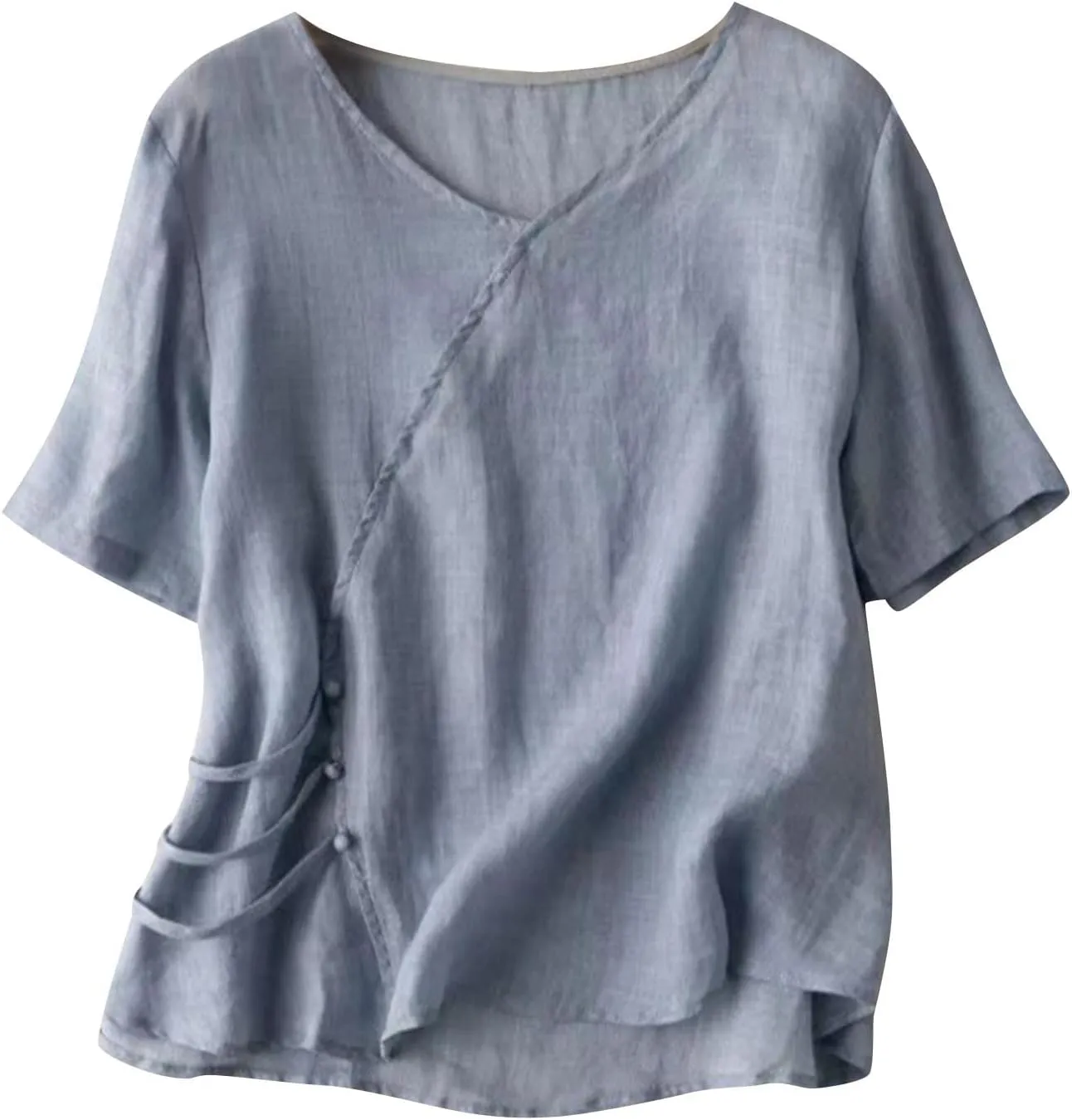 Womens Cotton Linen Elbow Sleeve Shirts Summer Casual Half Sleeve Tops Casual Flowy Plain Tees Loose V Neck Blouse