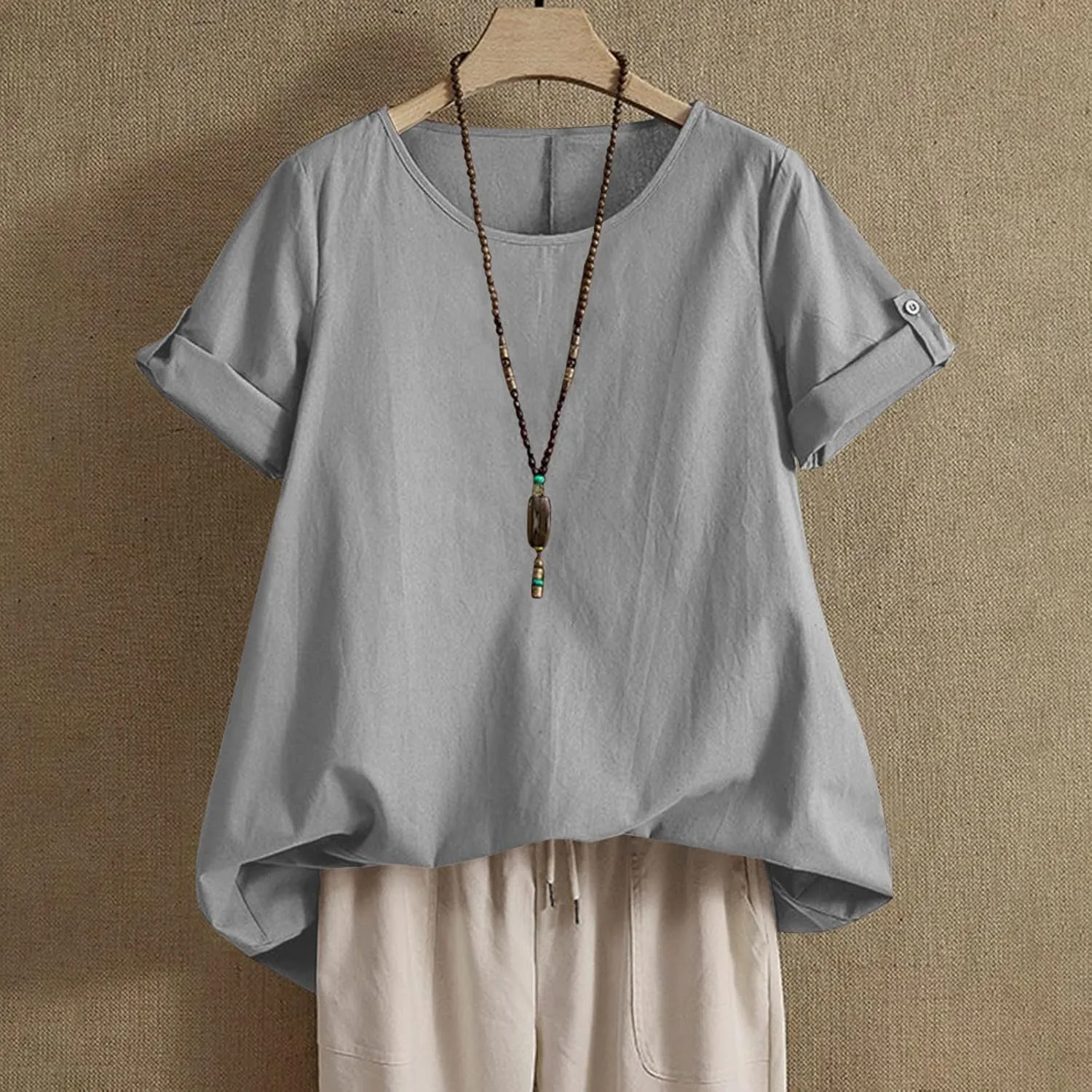 Women's Cotton Linen T Shirts Summer Crew Neck Rolled Short Sleeve Blouses Casual Loose Solid Basic Tunics Tee Tops