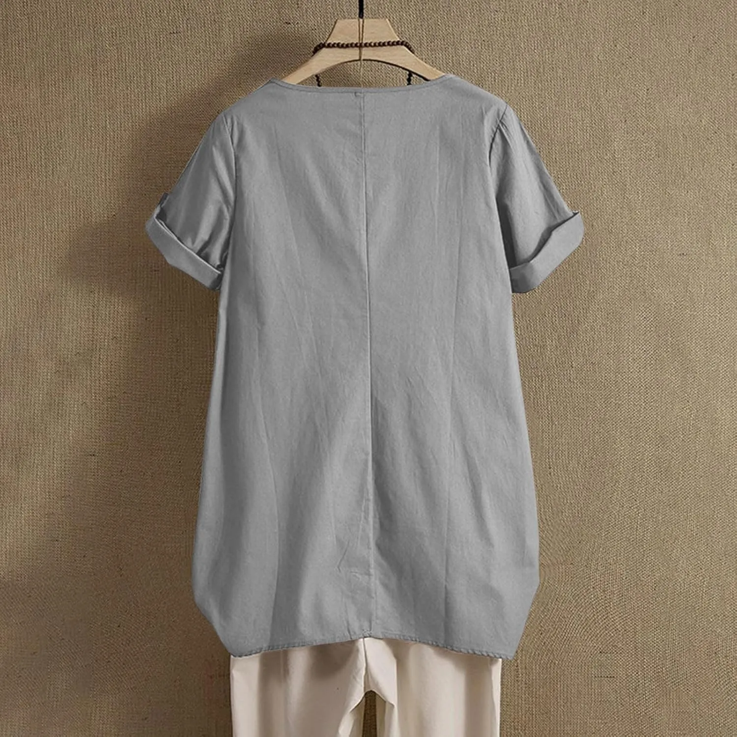 Women's Cotton Linen T Shirts Summer Crew Neck Rolled Short Sleeve Blouses Casual Loose Solid Basic Tunics Tee Tops