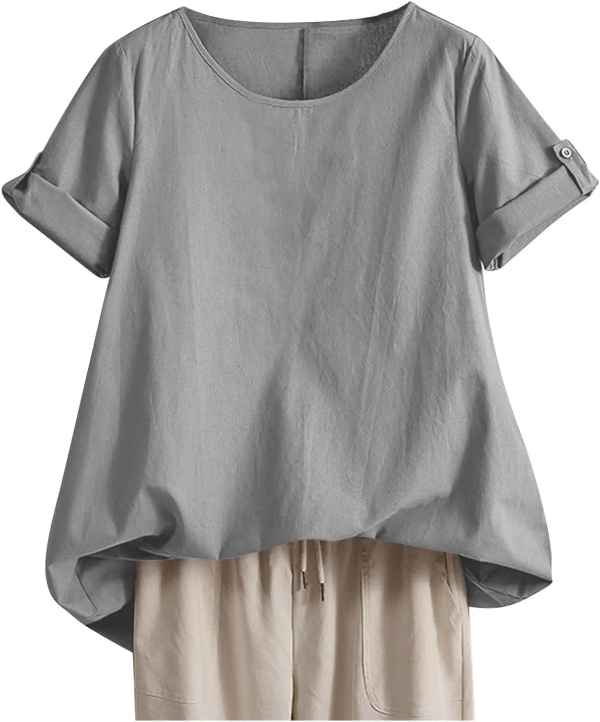 Women's Cotton Linen T Shirts Summer Crew Neck Rolled Short Sleeve Blouses Casual Loose Solid Basic Tunics Tee Tops