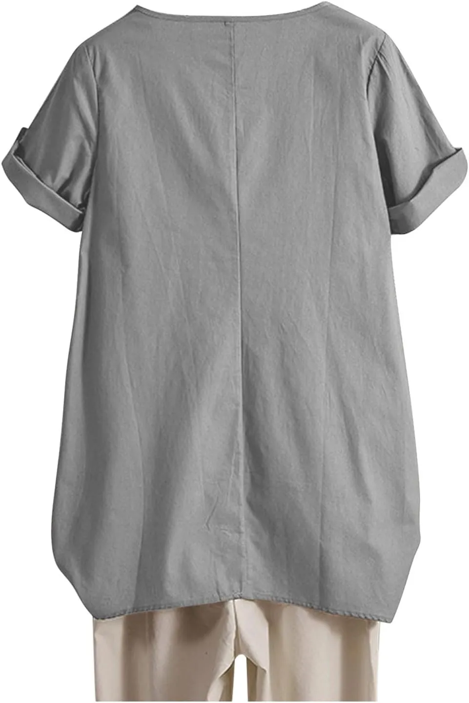 Women's Cotton Linen T Shirts Summer Crew Neck Rolled Short Sleeve Blouses Casual Loose Solid Basic Tunics Tee Tops