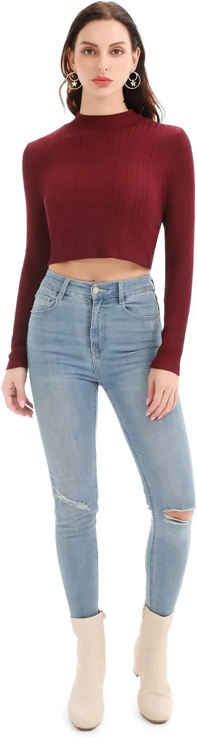 Womens Cute Cropped Sweater Top Cable Knit Mock Neck Pullover Light Weight