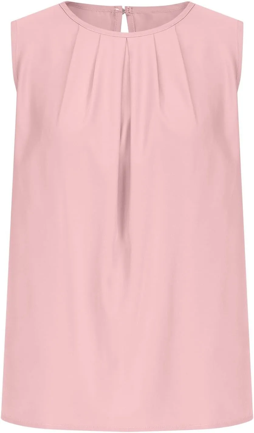 Womens Cute Sleeveless Shirts Pleated Round Neck Tank Tops Casual Comfy Solid Color Going Out Blouse