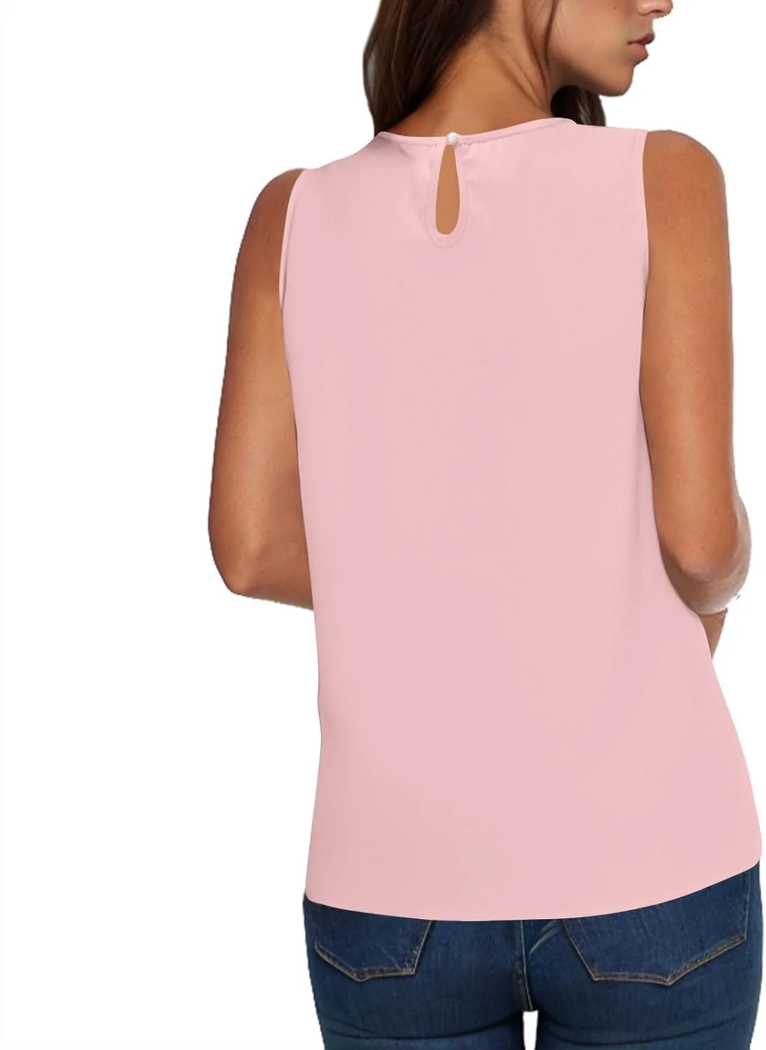 Womens Cute Sleeveless Shirts Pleated Round Neck Tank Tops Casual Comfy Solid Color Going Out Blouse