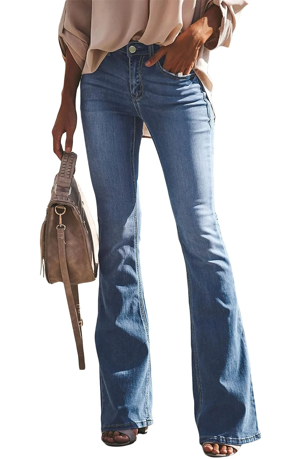 Women's Mid Rise Bootcut Flare Jeans Stretch Skinny Bell Bottom Jeans Wide Leg Fitted Denim Pants Trousers (Small,Light Blue)