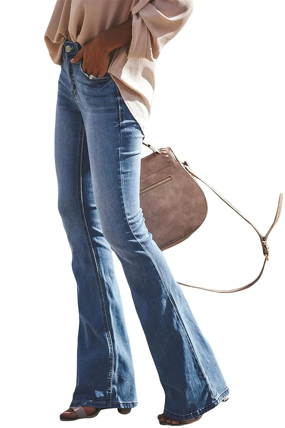 Women's Mid Rise Bootcut Flare Jeans Stretch Skinny Bell Bottom Jeans Wide Leg Fitted Denim Pants Trousers (Small,Light Blue)