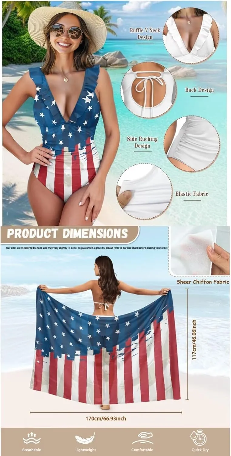 Womens One Piece Swimsuits with Sarong Coverups Ruffled Deep V Neck Bathing Suits with Bikini Cover up Beach Skirt