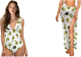 Womens One Piece Swimsuits with Sarong Coverups Ruffled Deep V Neck Bathing Suits with Bikini Cover up Beach Skirt