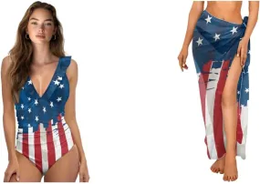 Womens One Piece Swimsuits with Sarong Coverups Ruffled Deep V Neck Bathing Suits with Bikini Cover up Beach Skirt