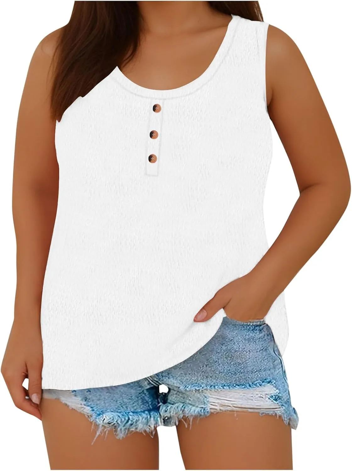 Womens Plus Size Tank Tops Summer Sleeveless Henley T-Shirts Casual Loose Fit Ribbed Knit Vest Crewneck Tunic Blouse