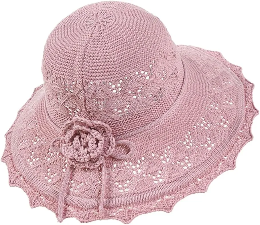 Womens Ruffled Flowers Summer Beach Hat Wide Brim Knitted Sun Hats Foldable Floppy Summer Cap for Travel Decoration