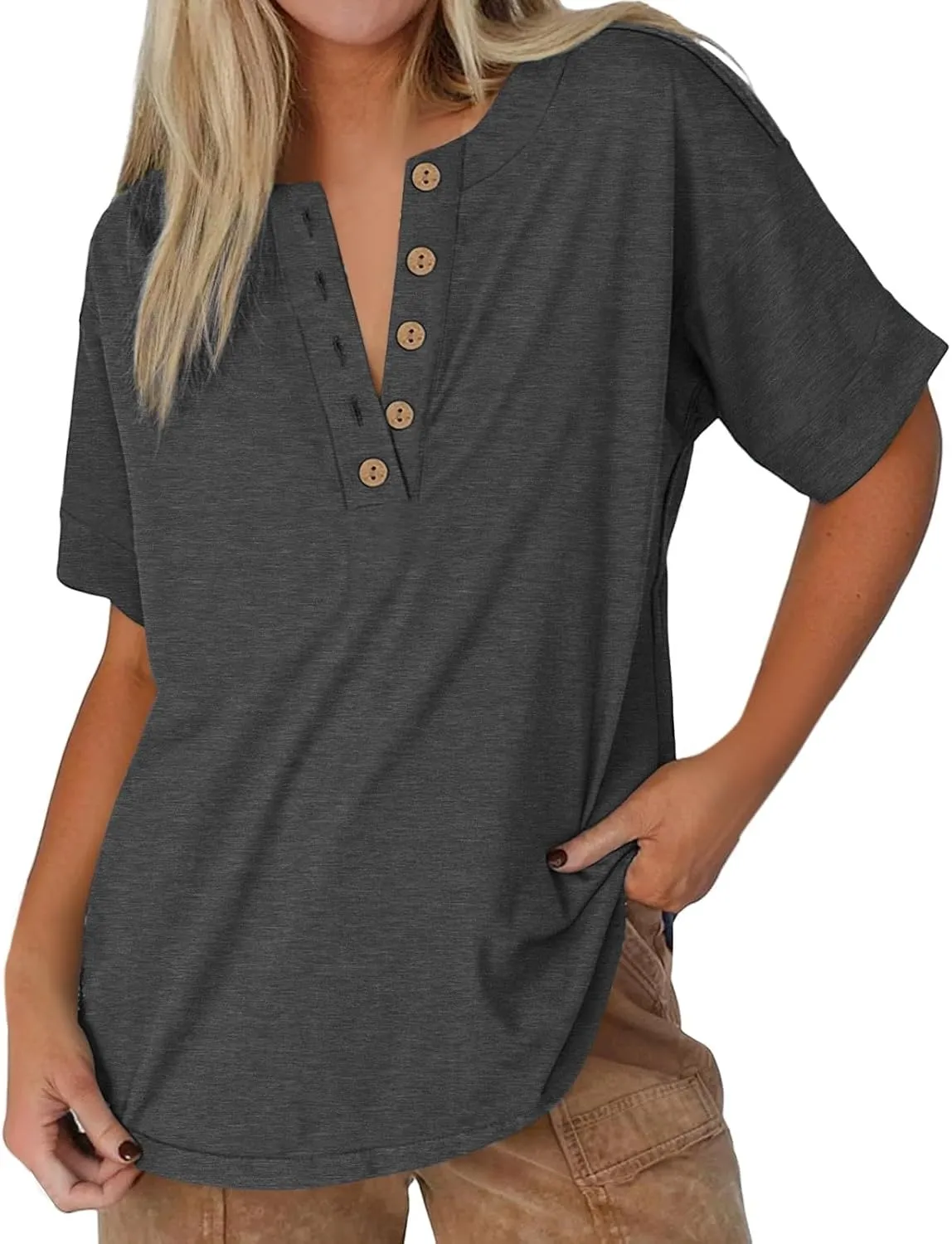 Womens Short Sleeve Henley Shirts Summer Dressy Casual Flowy Tops Loose Fit Basic Trendy Fashion Blouses 2025