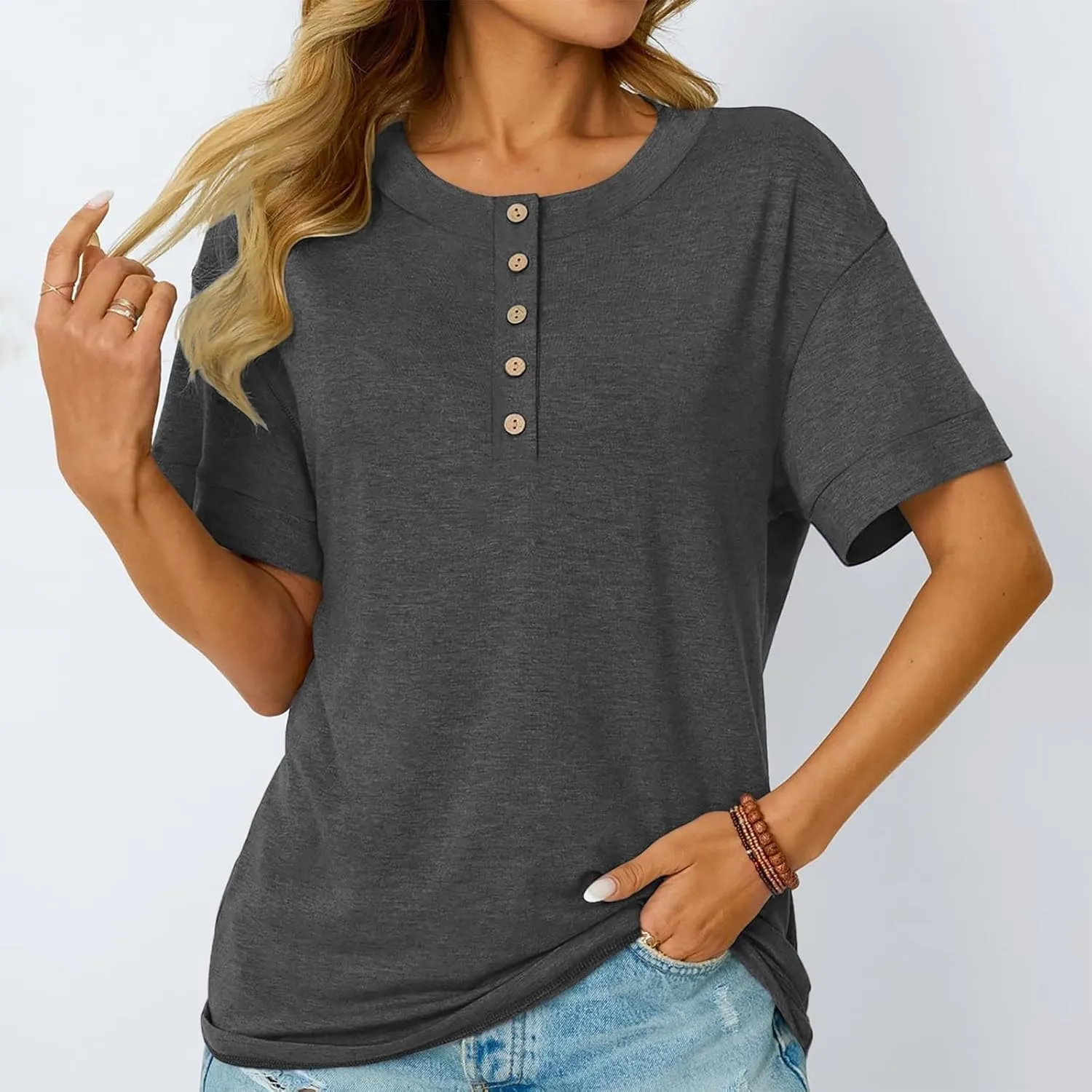 Womens Short Sleeve Henley Shirts Summer Dressy Casual Flowy Tops Loose Fit Basic Trendy Fashion Blouses 2025