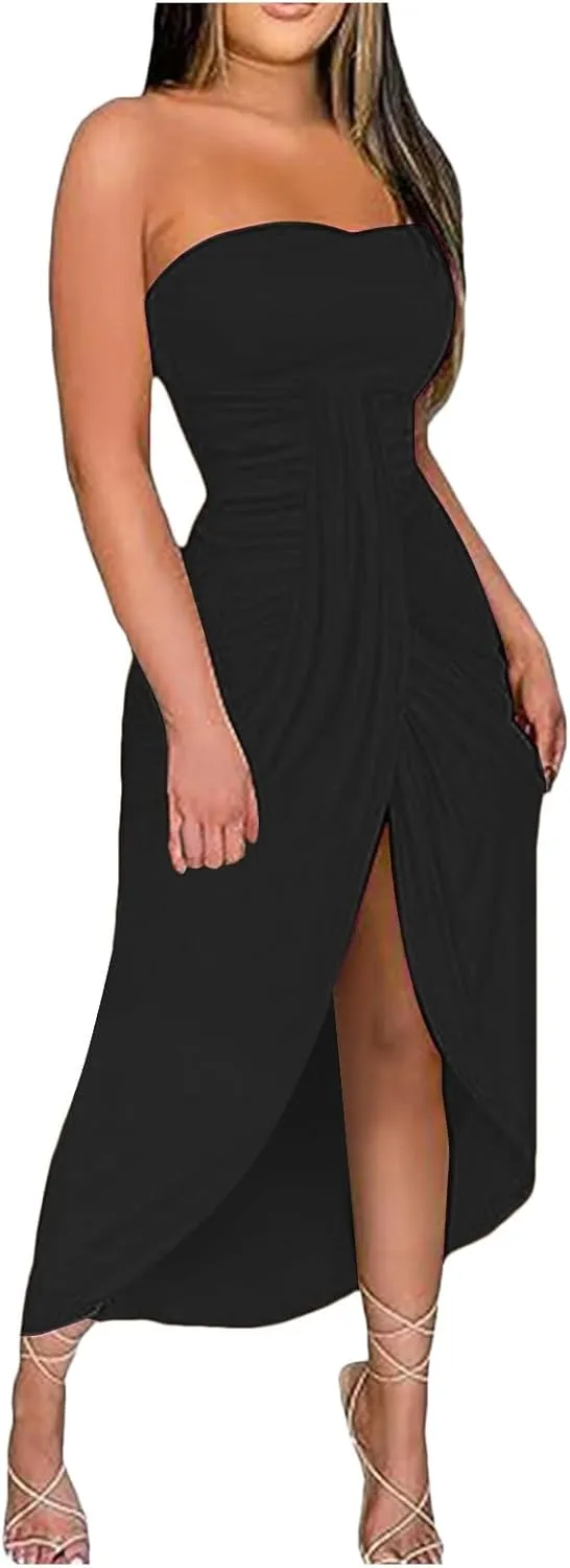 Women's Strapless Ruched High Waist Wrap Split Asymmetrical Solid Color Beach Maxi Long Dresses