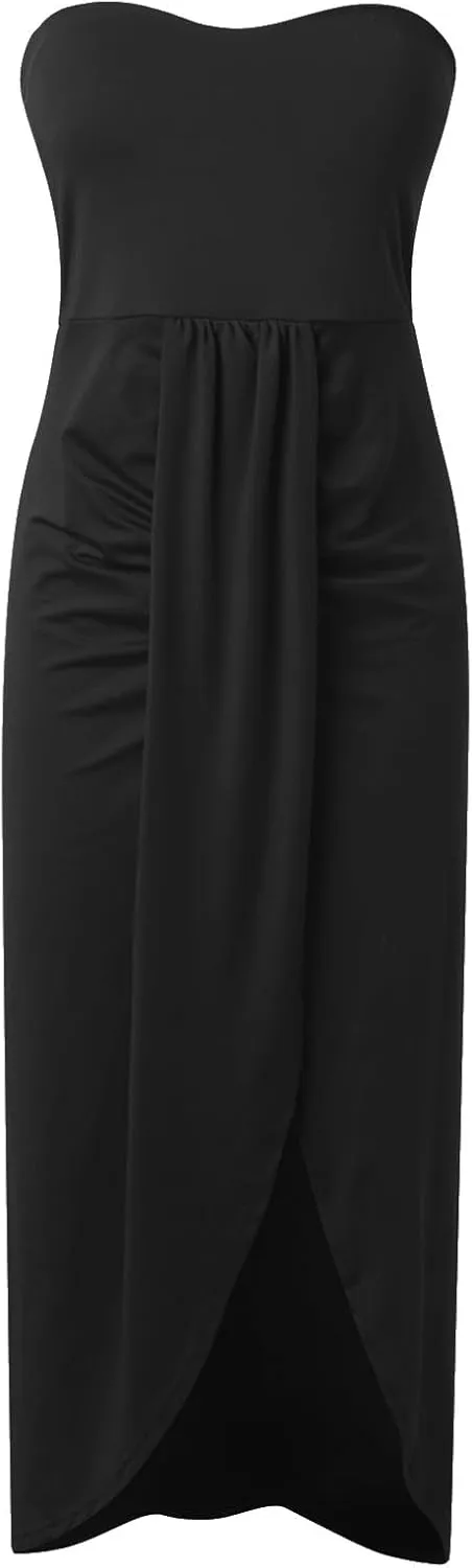 Women's Strapless Ruched High Waist Wrap Split Asymmetrical Solid Color Beach Maxi Long Dresses