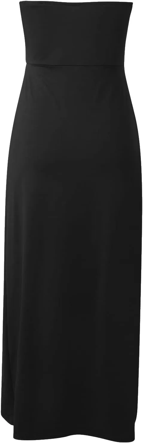 Women's Strapless Ruched High Waist Wrap Split Asymmetrical Solid Color Beach Maxi Long Dresses