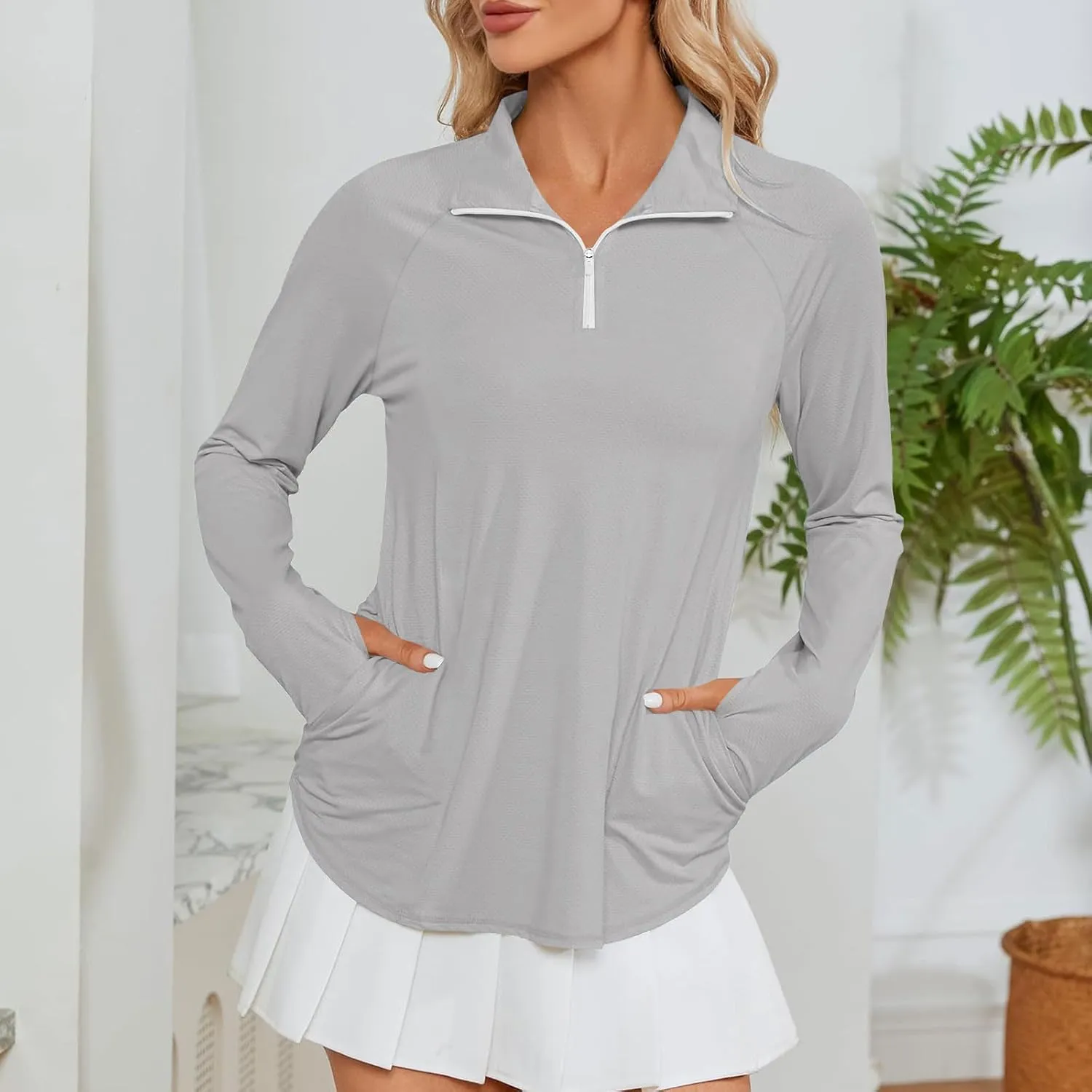 Women's UV Sun Protection 1/4 Zip Shirts Long Sleeve Rash Guard T-Shirt Lightweight Quick Dry Workout Running Tops