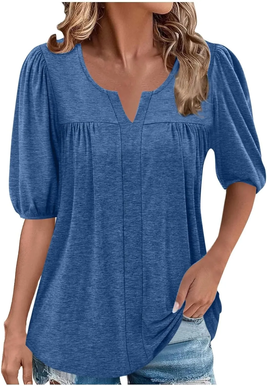 Xiaojmake Womens Summer Casual Tunic Tops Dressy 2025 Short Sleeve Pleated Trendy Shirts Casual Flowy Blouse for Leggings
