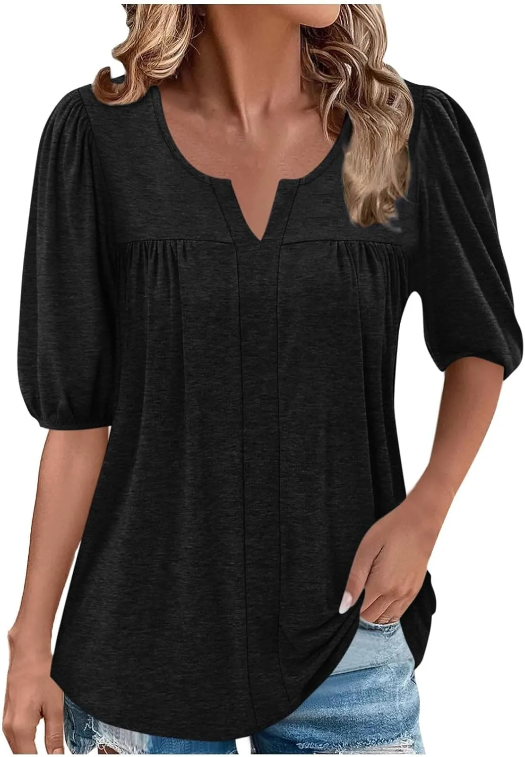 Xiaojmake Womens Summer Casual Tunic Tops Dressy 2025 Short Sleeve Pleated Trendy Shirts Casual Flowy Blouse for Leggings